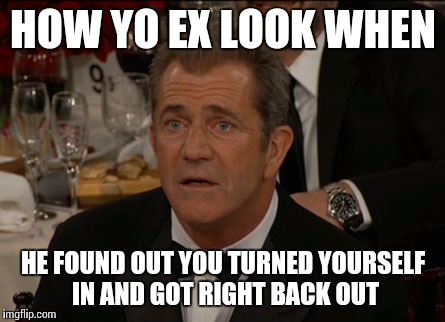 Confused Mel Gibson Meme | HOW YO EX LOOK WHEN HE FOUND OUT YOU TURNED YOURSELF IN AND GOT RIGHT BACK OUT | image tagged in memes,confused mel gibson | made w/ Imgflip meme maker