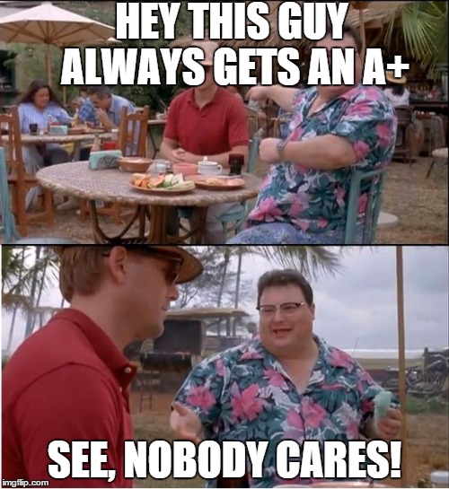 No one cares about swots! | HEY THIS GUY ALWAYS GETS AN A+ SEE, NOBODY CARES! | image tagged in memes,see nobody cares | made w/ Imgflip meme maker