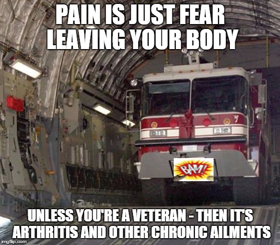 PAIN IS JUST FEAR LEAVING YOUR BODY UNLESS YOU'RE A VETERAN - THEN IT'S ARTHRITIS AND OTHER CHRONIC AILMENTS | image tagged in veteran pain | made w/ Imgflip meme maker