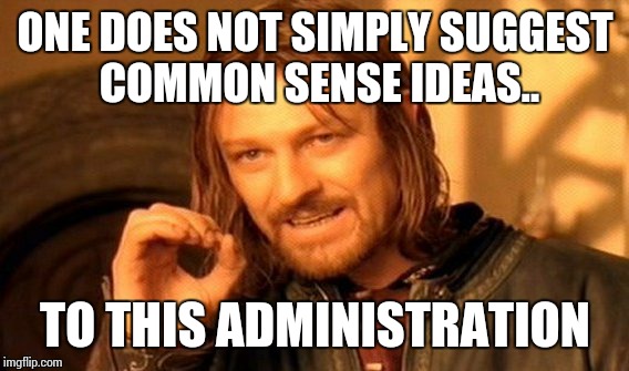 One Does Not Simply Meme | ONE DOES NOT SIMPLY SUGGEST COMMON SENSE IDEAS.. TO THIS ADMINISTRATION | image tagged in memes,one does not simply | made w/ Imgflip meme maker
