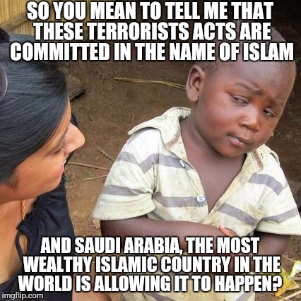 Third World Skeptical Kid | SO YOU MEAN TO TELL ME THAT THESE TERRORISTS ACTS ARE COMMITTED IN THE NAME OF ISLAM AND SAUDI ARABIA, THE MOST WEALTHY ISLAMIC COUNTRY IN T | image tagged in memes,third world skeptical kid | made w/ Imgflip meme maker