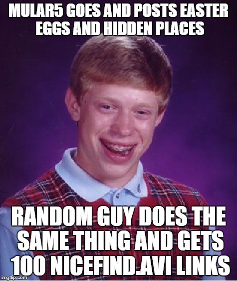 Bad Luck Brian | MULAR5 GOES AND POSTS EASTER EGGS AND HIDDEN PLACES RANDOM GUY DOES THE SAME THING AND GETS 100 NICEFIND.AVI LINKS | image tagged in memes,bad luck brian | made w/ Imgflip meme maker