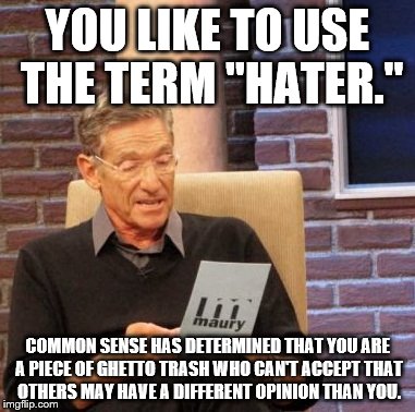 giving it to those who use the term "hater."  Perhaps I am a hater of haters? | YOU LIKE TO USE THE TERM "HATER." COMMON SENSE HAS DETERMINED THAT YOU ARE A PIECE OF GHETTO TRASH WHO CAN'T ACCEPT THAT OTHERS MAY HAVE A D | image tagged in memes,maury lie detector | made w/ Imgflip meme maker