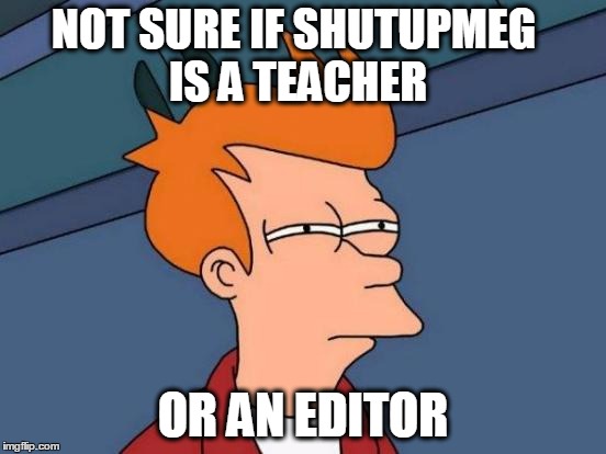 Futurama Fry Meme | NOT SURE IF SHUTUPMEG IS A TEACHER OR AN EDITOR | image tagged in memes,futurama fry | made w/ Imgflip meme maker