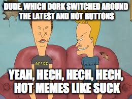 Bevis n Butthead | DUDE, WHICH DORK SWITCHED AROUND THE LATEST AND HOT BUTTONS YEAH, HECH, HECH, HECH, HOT MEMES LIKE SUCK | image tagged in bevis n butthead | made w/ Imgflip meme maker