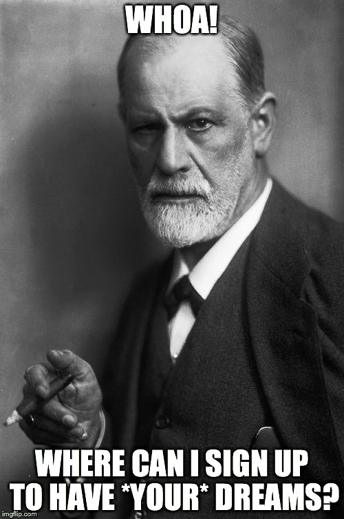 Sigmund Freud Meme | WHOA! WHERE CAN I SIGN UP TO HAVE *YOUR* DREAMS? | image tagged in memes,sigmund freud | made w/ Imgflip meme maker