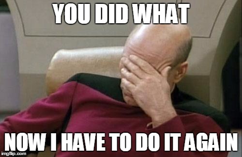 Captain Picard Facepalm | YOU DID WHAT NOW I HAVE TO DO IT AGAIN | image tagged in memes,captain picard facepalm | made w/ Imgflip meme maker