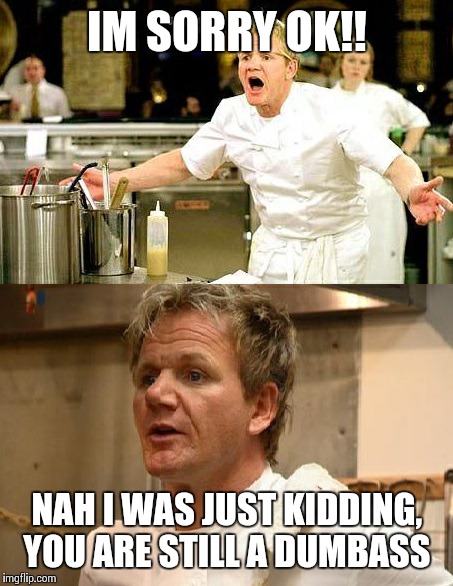 Gordon Ramsey is sorry | IM SORRY OK!! NAH I WAS JUST KIDDING, YOU ARE STILL A DUMBASS | image tagged in gordon ramsey is sorry | made w/ Imgflip meme maker