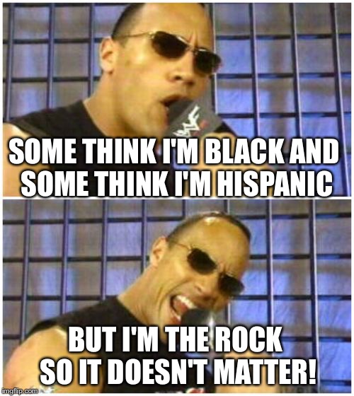 The Rock It Doesn't Matter | SOME THINK I'M BLACK AND SOME THINK I'M HISPANIC BUT I'M THE ROCK SO IT DOESN'T MATTER! | image tagged in memes,the rock it doesnt matter | made w/ Imgflip meme maker