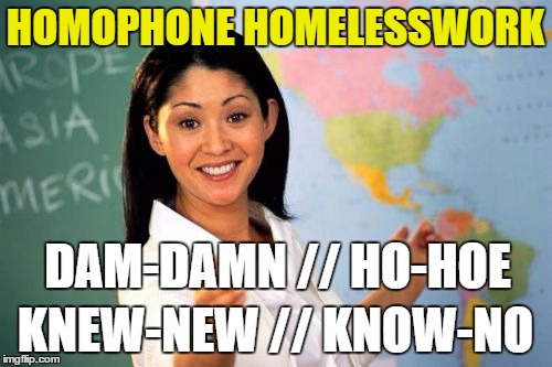 HOMOPHONE HOMELESSWORK KNEW-NEW // KNOW-NO DAM-DAMN // HO-HOE | image tagged in unhelpful teacher | made w/ Imgflip meme maker