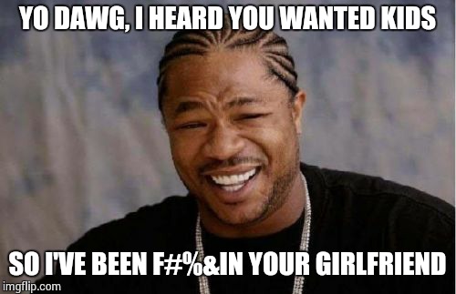 Yo Dawg Heard You | YO DAWG, I HEARD YOU WANTED KIDS SO I'VE BEEN F#%&IN YOUR GIRLFRIEND | image tagged in memes,yo dawg heard you | made w/ Imgflip meme maker