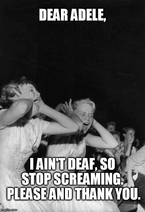 Not listening... | DEAR ADELE, I AIN'T DEAF, SO STOP SCREAMING.  PLEASE AND THANK YOU. | image tagged in not listening | made w/ Imgflip meme maker