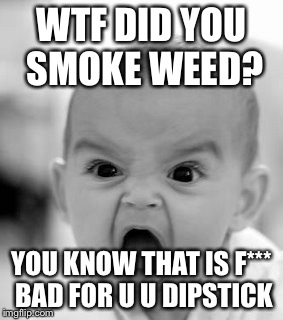 Angry Baby Meme | WTF DID YOU SMOKE WEED? YOU KNOW THAT IS F*** BAD FOR U U DIPSTICK | image tagged in memes,angry baby | made w/ Imgflip meme maker