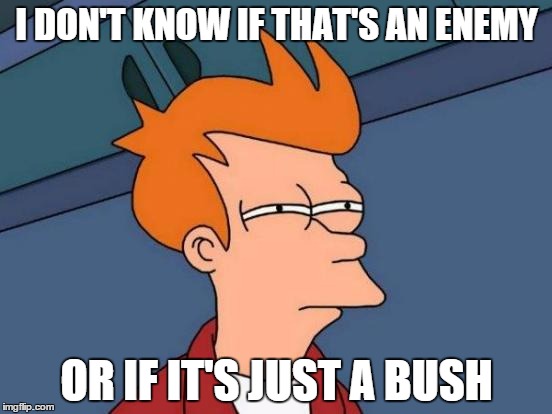 Futurama Fry Meme | I DON'T KNOW IF THAT'S AN ENEMY OR IF IT'S JUST A BUSH | image tagged in memes,futurama fry | made w/ Imgflip meme maker
