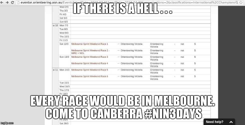 sprint hell | IF THERE IS A HELL . . . EVERY RACE WOULD BE IN MELBOURNE. COME TO CANBERRA #NIN3DAYS | image tagged in sprint hell | made w/ Imgflip meme maker