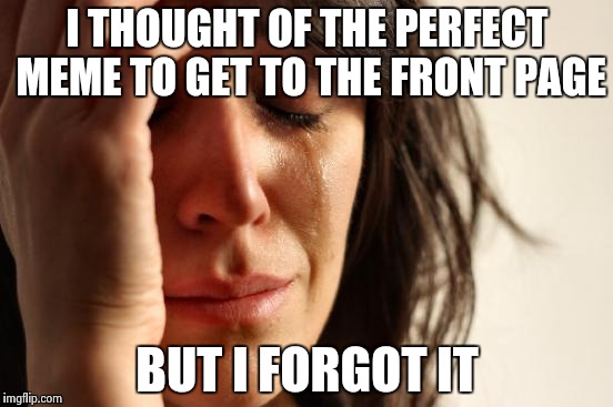 First World Problems Meme | I THOUGHT OF THE PERFECT MEME TO GET TO THE FRONT PAGE BUT I FORGOT IT | image tagged in memes,first world problems | made w/ Imgflip meme maker