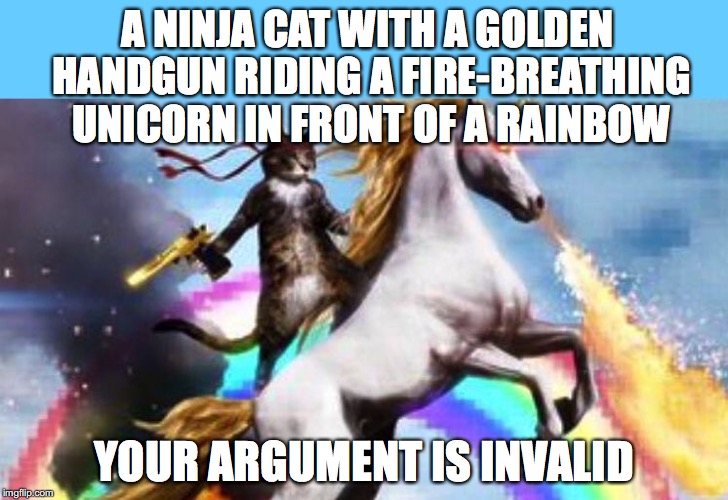 Cat unicorn | A NINJA CAT WITH A GOLDEN HANDGUN RIDING A FIRE-BREATHING UNICORN IN FRONT OF A RAINBOW YOUR ARGUMENT IS INVALID | image tagged in cat unicorn | made w/ Imgflip meme maker
