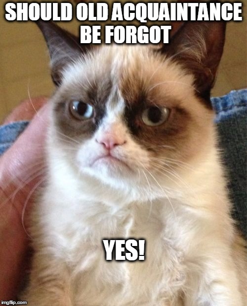Grumpy Cat | SHOULD OLD ACQUAINTANCE BE FORGOT YES! | image tagged in memes,grumpy cat | made w/ Imgflip meme maker
