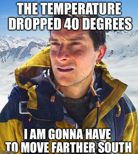 Snowbirds Be Like | THE TEMPERATURE DROPPED 40 DEGREES I AM GONNA HAVE TO MOVE FARTHER SOUTH | image tagged in memes,bear grylls,florida,cold,funny | made w/ Imgflip meme maker