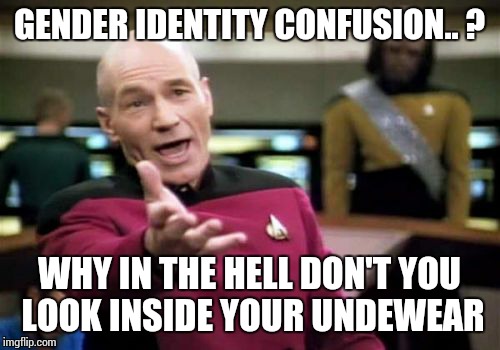 Picard Wtf Meme | GENDER IDENTITY CONFUSION.. ? WHY IN THE HELL DON'T YOU LOOK INSIDE YOUR UNDEWEAR | image tagged in memes,picard wtf | made w/ Imgflip meme maker
