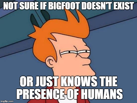 Futurama Fry Meme | NOT SURE IF BIGFOOT DOESN'T EXIST OR JUST KNOWS THE PRESENCE OF HUMANS | image tagged in memes,futurama fry | made w/ Imgflip meme maker