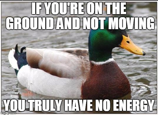 Physics, people! | IF YOU'RE ON THE GROUND AND NOT MOVING YOU TRULY HAVE NO ENERGY | image tagged in memes,actual advice mallard,physics,energy | made w/ Imgflip meme maker