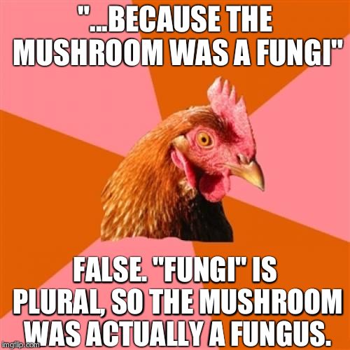 Anti Joke Chicken | "...BECAUSE THE MUSHROOM WAS A FUNGI" FALSE. "FUNGI" IS PLURAL, SO THE MUSHROOM WAS ACTUALLY A FUNGUS. | image tagged in memes,anti joke chicken | made w/ Imgflip meme maker