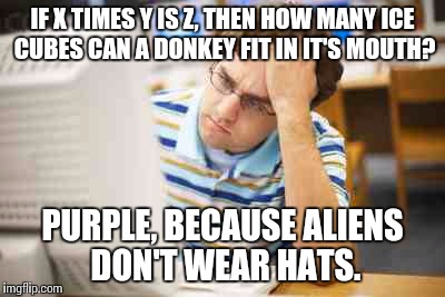 Me trying to do algebra | IF X TIMES Y IS Z, THEN HOW MANY ICE CUBES CAN A DONKEY FIT IN IT'S MOUTH? PURPLE, BECAUSE ALIENS DON'T WEAR HATS. | image tagged in memes,math,algebra | made w/ Imgflip meme maker