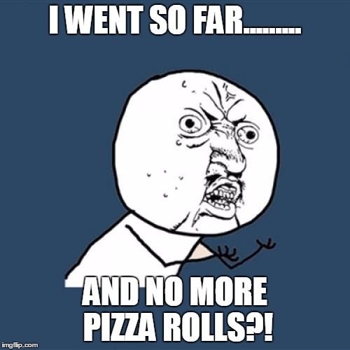 Y U No Meme | I WENT SO FAR......... AND NO MORE PIZZA ROLLS?! | image tagged in memes,y u no | made w/ Imgflip meme maker
