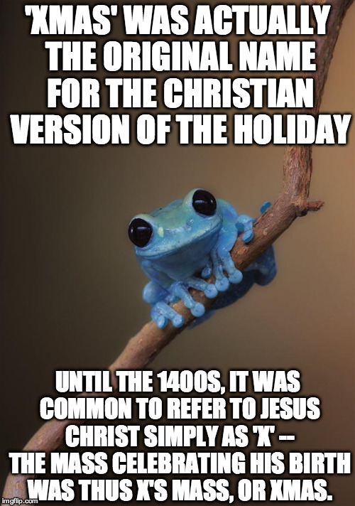 'XMAS' WAS ACTUALLY THE ORIGINAL NAME FOR THE CHRISTIAN VERSION OF THE HOLIDAY UNTIL THE 1400S, IT WAS COMMON TO REFER TO JESUS CHRIST SIMPL | image tagged in small fact frog,AdviceAnimals | made w/ Imgflip meme maker