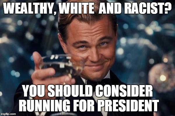 Leonardo Dicaprio Cheers | WEALTHY, WHITE  AND RACIST? YOU SHOULD CONSIDER RUNNING FOR PRESIDENT | image tagged in memes,leonardo dicaprio cheers | made w/ Imgflip meme maker