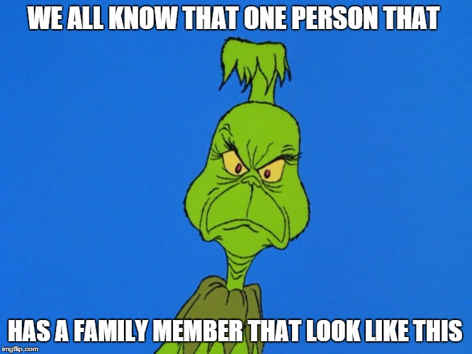 grinch fam | WE ALL KNOW THAT ONE PERSON THAT HAS A FAMILY MEMBER THAT LOOK LIKE THIS | image tagged in grinch | made w/ Imgflip meme maker