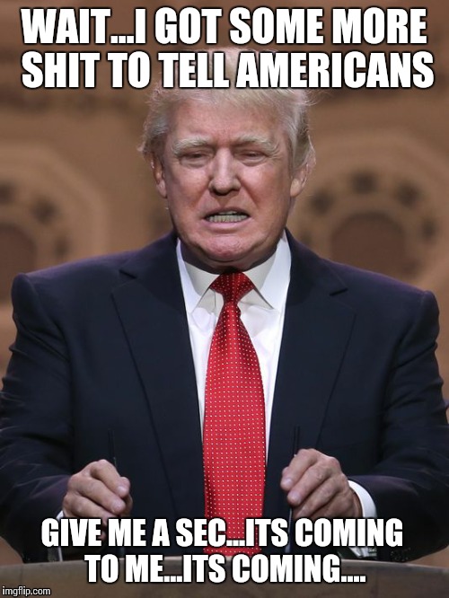 Donald Trump | WAIT...I GOT SOME MORE SHIT TO TELL AMERICANS GIVE ME A SEC...ITS COMING TO ME...ITS COMING.... | image tagged in donald trump | made w/ Imgflip meme maker