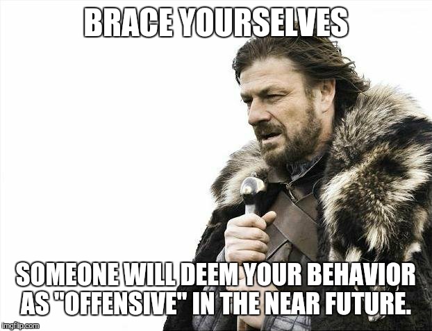 Brace Yourselves X is Coming | BRACE YOURSELVES SOMEONE WILL DEEM YOUR BEHAVIOR AS "OFFENSIVE" IN THE NEAR FUTURE. | image tagged in memes,brace yourselves x is coming | made w/ Imgflip meme maker