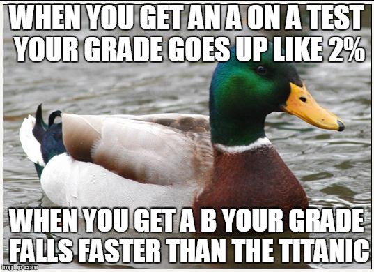 Actual Advice Mallard | WHEN YOU GET AN A ON A TEST YOUR GRADE GOES UP LIKE 2% WHEN YOU GET A B YOUR GRADE FALLS FASTER THAN THE TITANIC | image tagged in memes,actual advice mallard | made w/ Imgflip meme maker