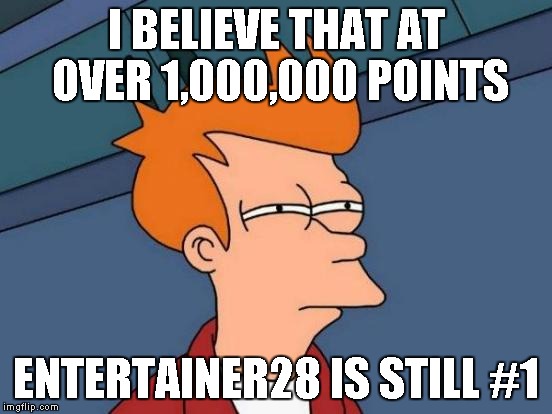 Futurama Fry Meme | I BELIEVE THAT AT OVER 1,000,000 POINTS ENTERTAINER28 IS STILL #1 | image tagged in memes,futurama fry | made w/ Imgflip meme maker