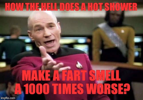 Picard Wtf | HOW THE HELL DOES A HOT SHOWER MAKE A FART SMELL A 1000
TIMES WORSE? | image tagged in memes,picard wtf,funny | made w/ Imgflip meme maker