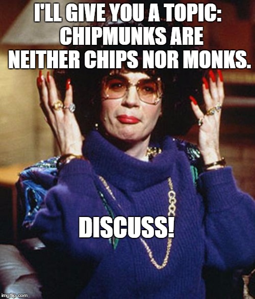 Chipmunks are neither chips nor monks. | I'LL GIVE YOU A TOPIC:  CHIPMUNKS ARE NEITHER CHIPS NOR MONKS. DISCUSS! | image tagged in coffee talk with linda richman,meme,chipmunks | made w/ Imgflip meme maker