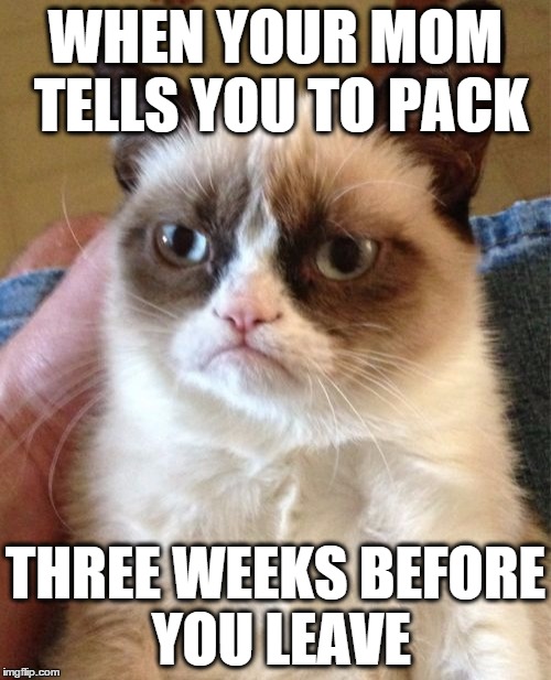 Early Packing | WHEN YOUR MOM TELLS YOU TO PACK THREE WEEKS BEFORE YOU LEAVE | image tagged in meme,grumpy cat,mom,moms,memes | made w/ Imgflip meme maker