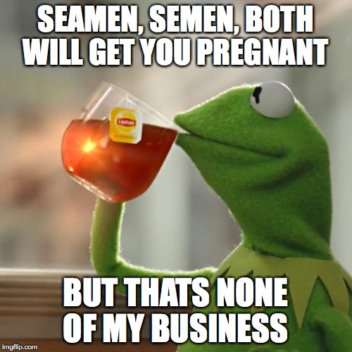 SEAMEN, SEMEN, BOTH WILL GET YOU PREGNANT BUT THATS NONE OF MY BUSINESS | image tagged in memes,but thats none of my business,kermit the frog | made w/ Imgflip meme maker