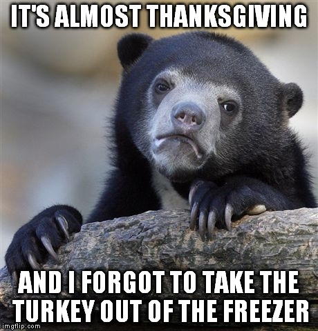 Confession Bear Meme | IT'S ALMOST THANKSGIVING AND I FORGOT TO TAKE THE TURKEY OUT OF THE FREEZER | image tagged in memes,confession bear | made w/ Imgflip meme maker