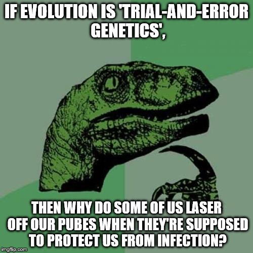 Lasor!!! | IF EVOLUTION IS 'TRIAL-AND-ERROR GENETICS', THEN WHY DO SOME OF US LASER OFF OUR PUBES WHEN THEY'RE SUPPOSED TO PROTECT US FROM INFECTION? | image tagged in memes,philosoraptor,nsfw | made w/ Imgflip meme maker
