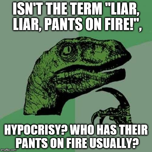 Philosoraptor | ISN'T THE TERM "LIAR, LIAR, PANTS ON FIRE!", HYPOCRISY? WHO HAS THEIR PANTS ON FIRE USUALLY? | image tagged in memes,philosoraptor | made w/ Imgflip meme maker