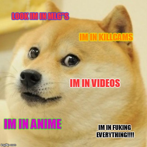 Doge | LOOK IM IN MLG"S IM IN KILLCAMS IM IN VIDEOS IM IN ANIME IM IN FUKING EVERYTHING!!!! | image tagged in memes,doge | made w/ Imgflip meme maker