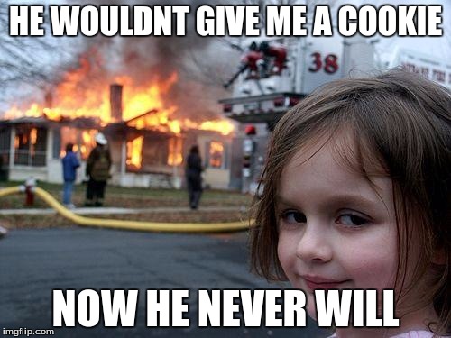 Disaster Girl | HE WOULDNT GIVE ME A COOKIE NOW HE NEVER WILL | image tagged in memes,disaster girl | made w/ Imgflip meme maker