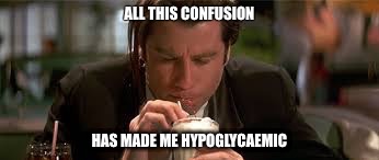 Meanwhile @travolta | ALL THIS CONFUSION HAS MADE ME HYPOGLYCAEMIC | image tagged in travolta,confused,milkshake,bloodsugar | made w/ Imgflip meme maker