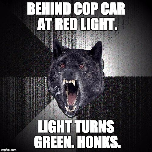 Insanity wolf | BEHIND COP CAR AT RED LIGHT. LIGHT TURNS GREEN. HONKS. | image tagged in insanity wolf | made w/ Imgflip meme maker