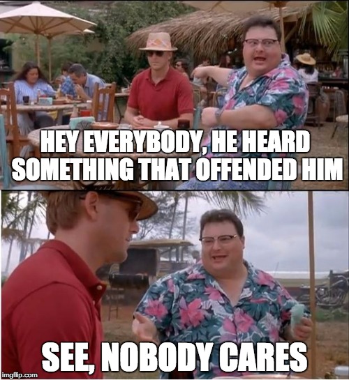 See Nobody Cares Meme | HEY EVERYBODY, HE HEARD SOMETHING THAT OFFENDED HIM SEE, NOBODY CARES | image tagged in memes,see nobody cares | made w/ Imgflip meme maker