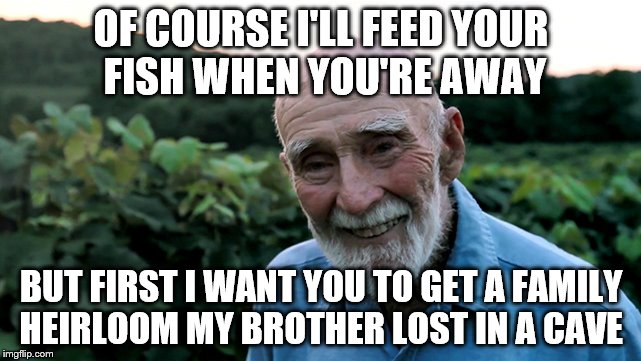 If real life was like a computer game... | OF COURSE I'LL FEED YOUR FISH WHEN YOU'RE AWAY BUT FIRST I WANT YOU TO GET A FAMILY HEIRLOOM MY BROTHER LOST IN A CAVE | image tagged in old man,computer games,real life | made w/ Imgflip meme maker