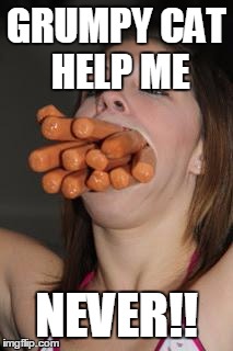 hotdogs | GRUMPY CAT HELP ME NEVER!! | image tagged in hotdogs | made w/ Imgflip meme maker
